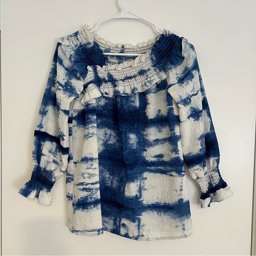 Alberto Makali NY Smocked Boho Blouse Peasant Tie-Dye Top Asymmetrical Neck Sz S
